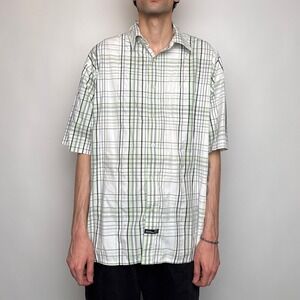 Southpole Mens XL Short Sleeve Button Down Shirt Plaid Lime Green Y2K Baggy